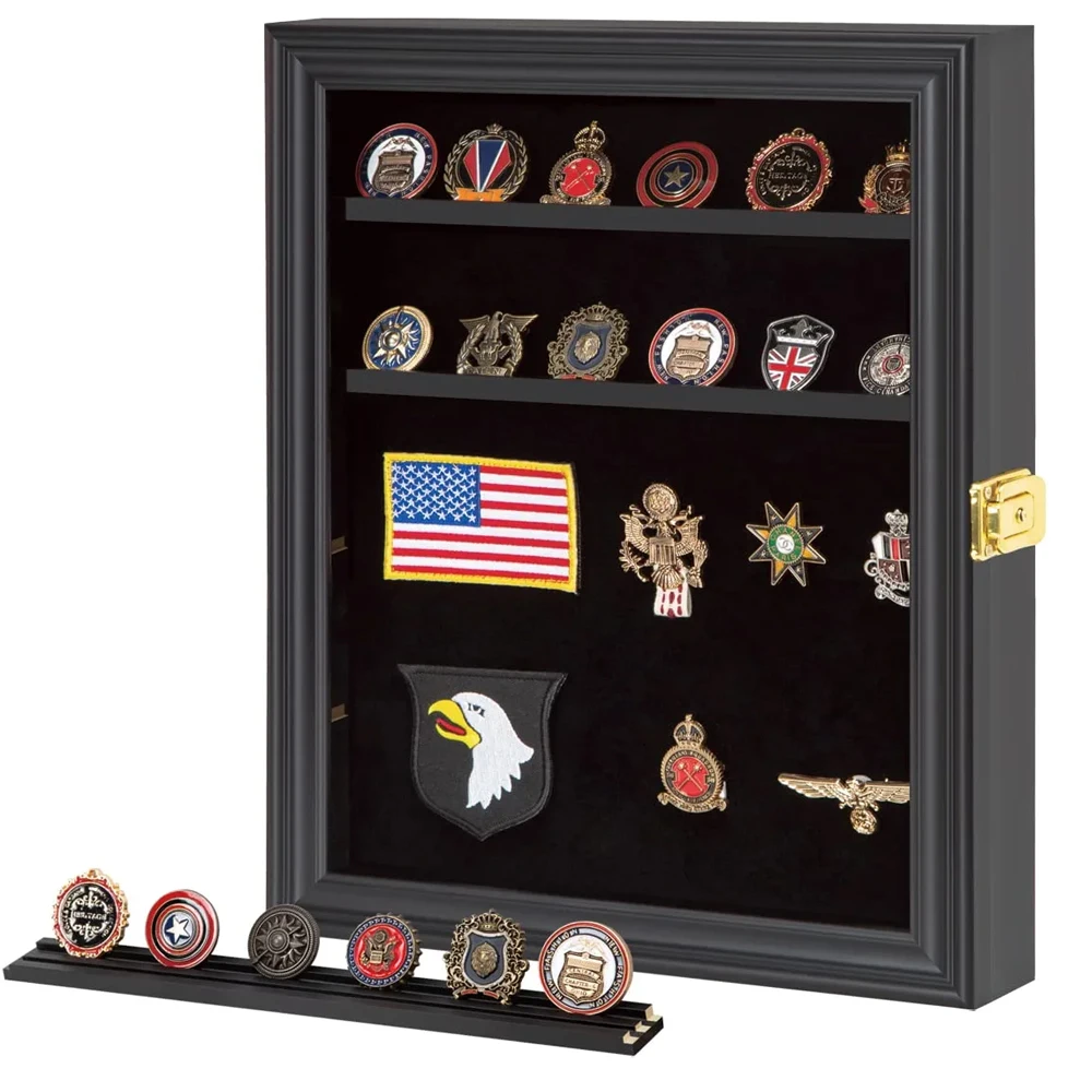 Black Military Challenge Coin Display Holder Shadow Box Wooden Medals Display Case