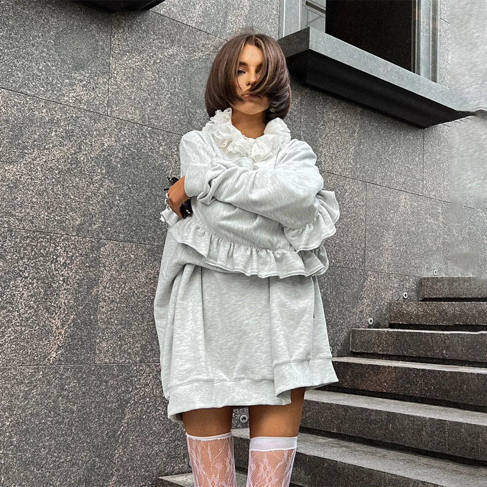 High Quality New Style Solid Color Neckline Lace Long Sleeves With Loose Ruffles Women Casual Hoodies Dress