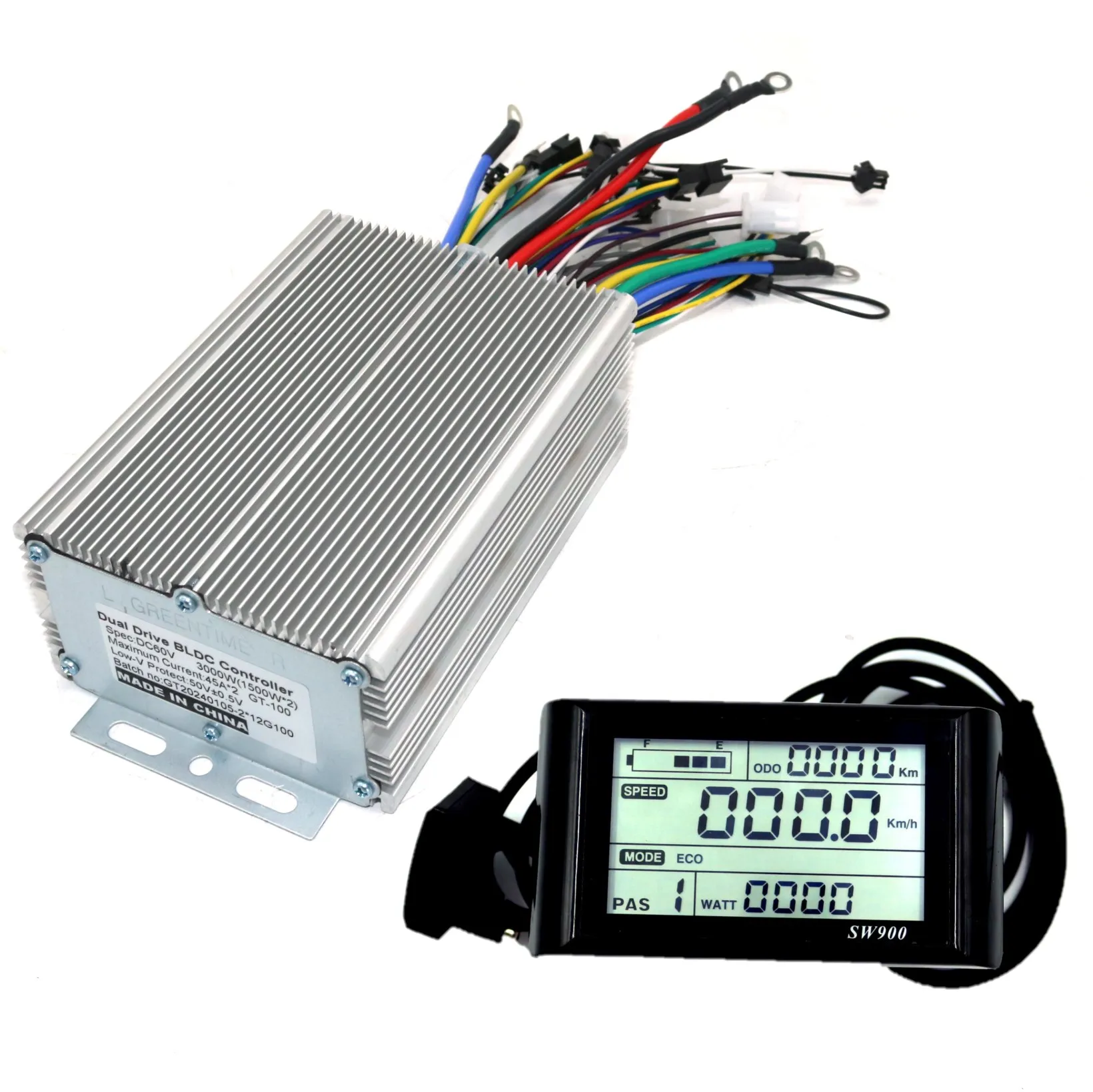 GREENTIME Dual Drive 48/60/72V 3000W Sine Wave Brushless DC Motor Controller Electric Scooter E-bike Driver and SW900 One Set