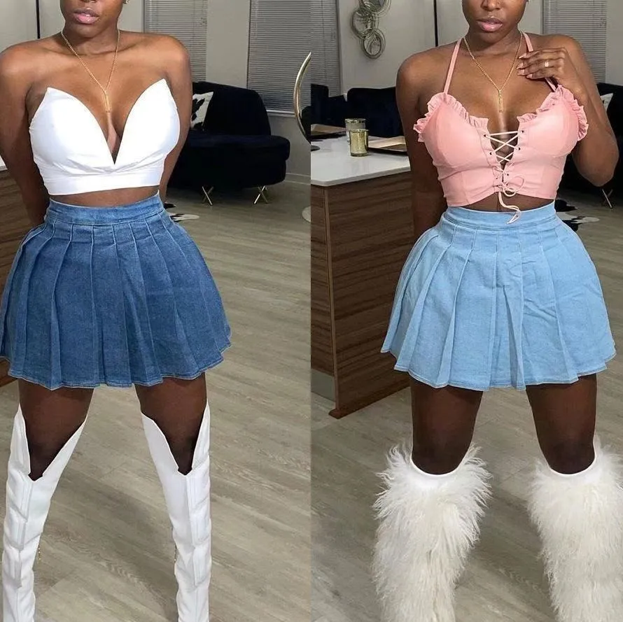 2021 Женская одежда, шикарные повседневные дамские джинсовые Свободные плиссированные джинсовые шорты с высокой талией, мини-юбка, женское короткое платье, синие джинсовые юбки