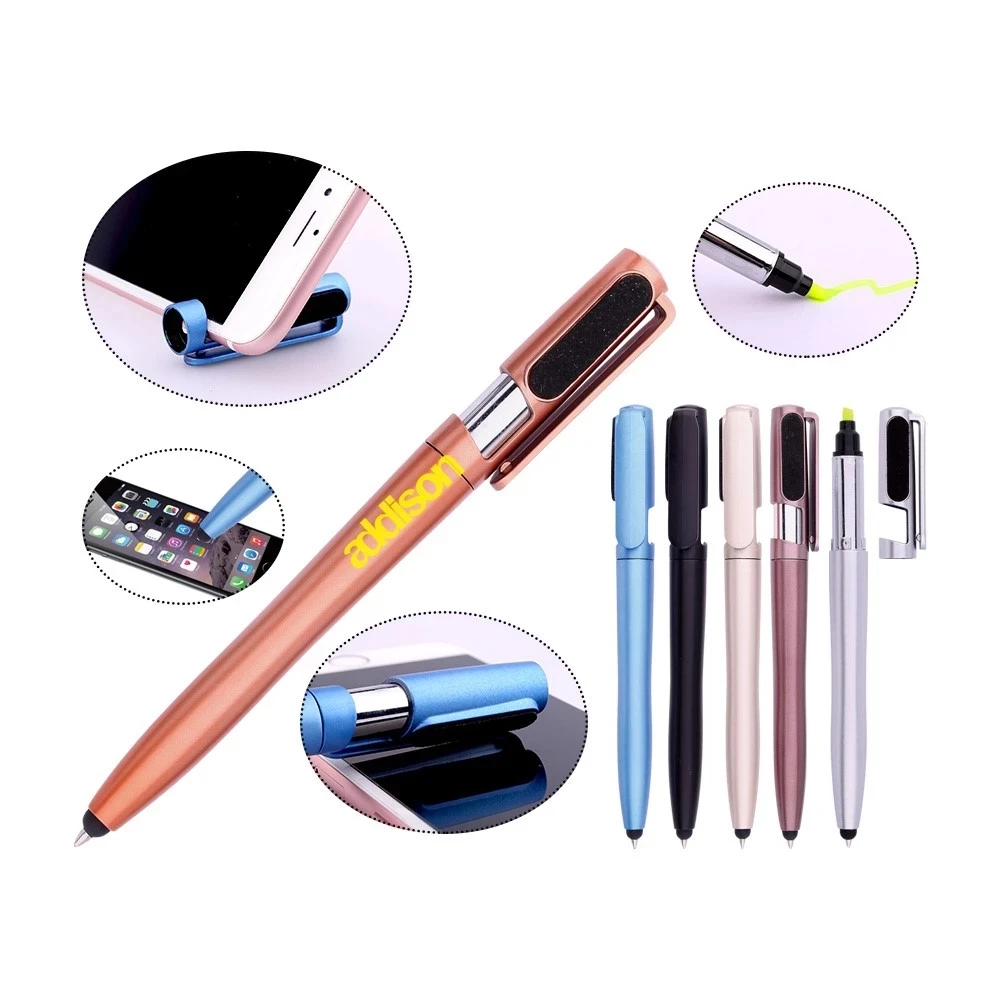 4-in-1 Multi-Function Plastic Ballpoint Pen with Mobile Phone Holder & Highlighter for Mobile Users Great for Promotions