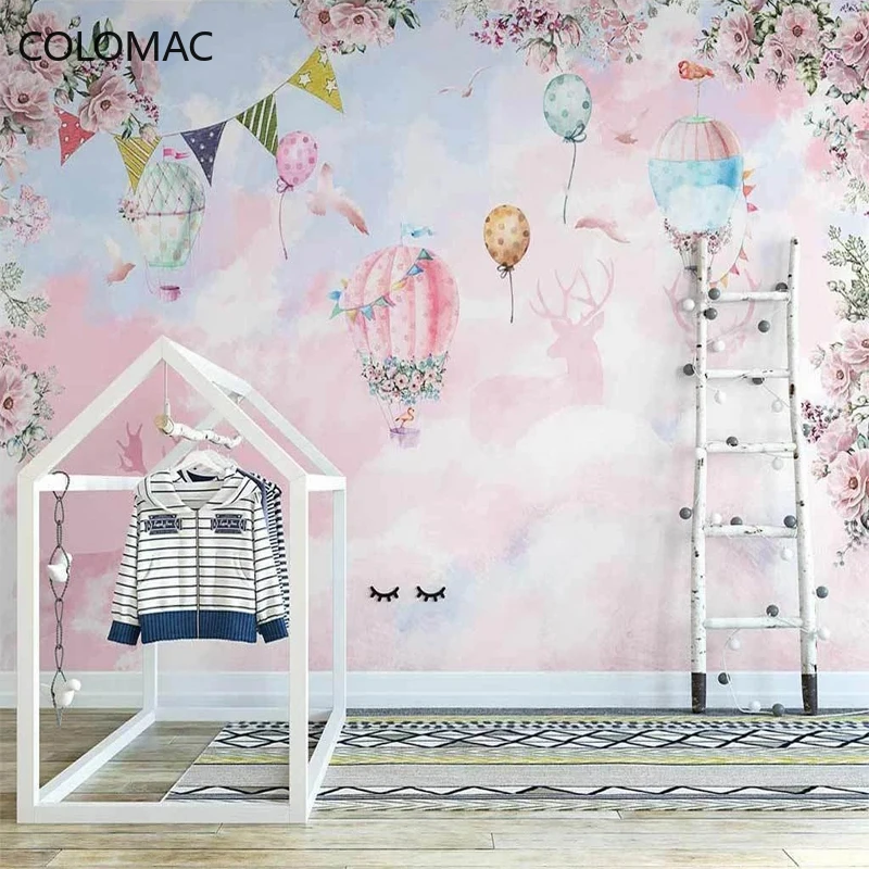 Custom 3D Photo Cartoon Hot Air Balloon Pink Cloud Flowers Wallpaper for Kids Girls Bedroom Peel And Stick Wallpaper Murals