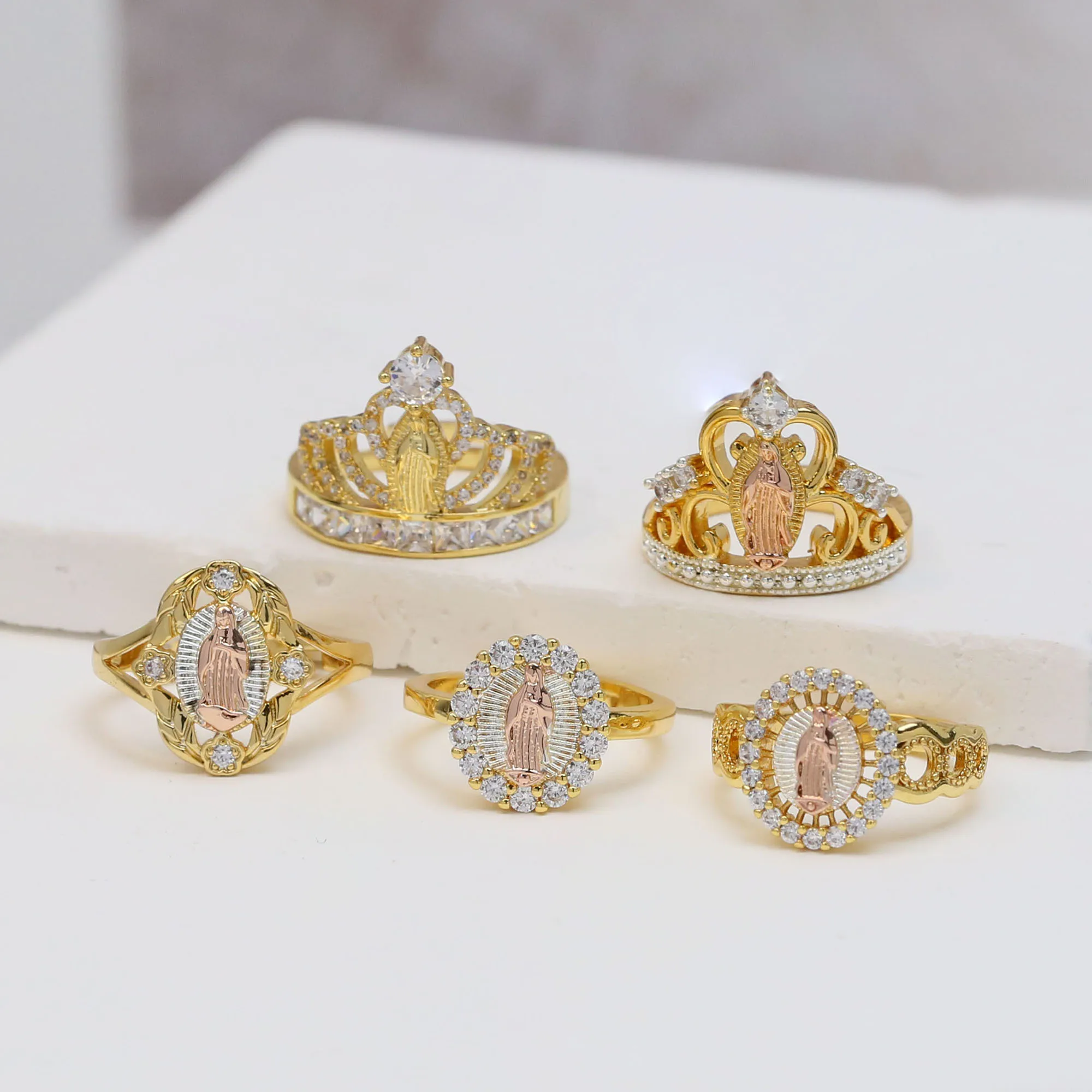 Fashion 18k gold Princess Crystal Crown with Virgin Mary Rings Cubic Zircon Wedding Jewelry rings