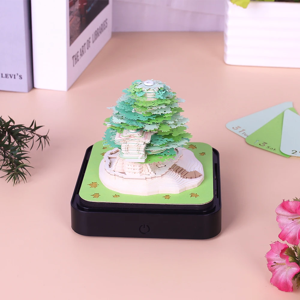 Best Selling Online Green Tree House Castle 3D Memo Pad Desk Decor Paper Arts 2024 Calender Crafts For New Year Gifts