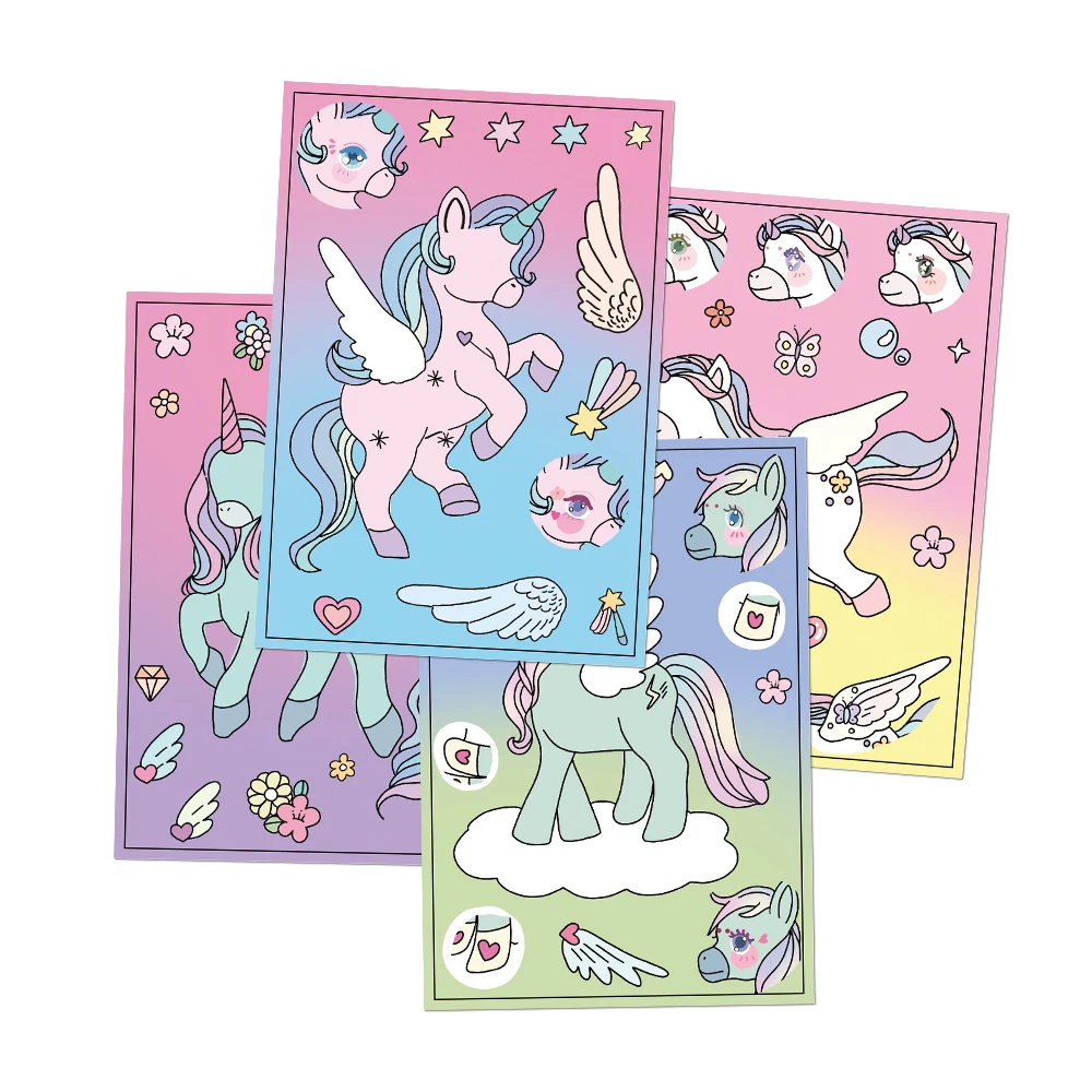 8 Sheets Cute Coloured Horse Cartoon Sticker Children Puzzle Make a Face Assemble Jigsaw Toys Diy Decoration Creative Decals