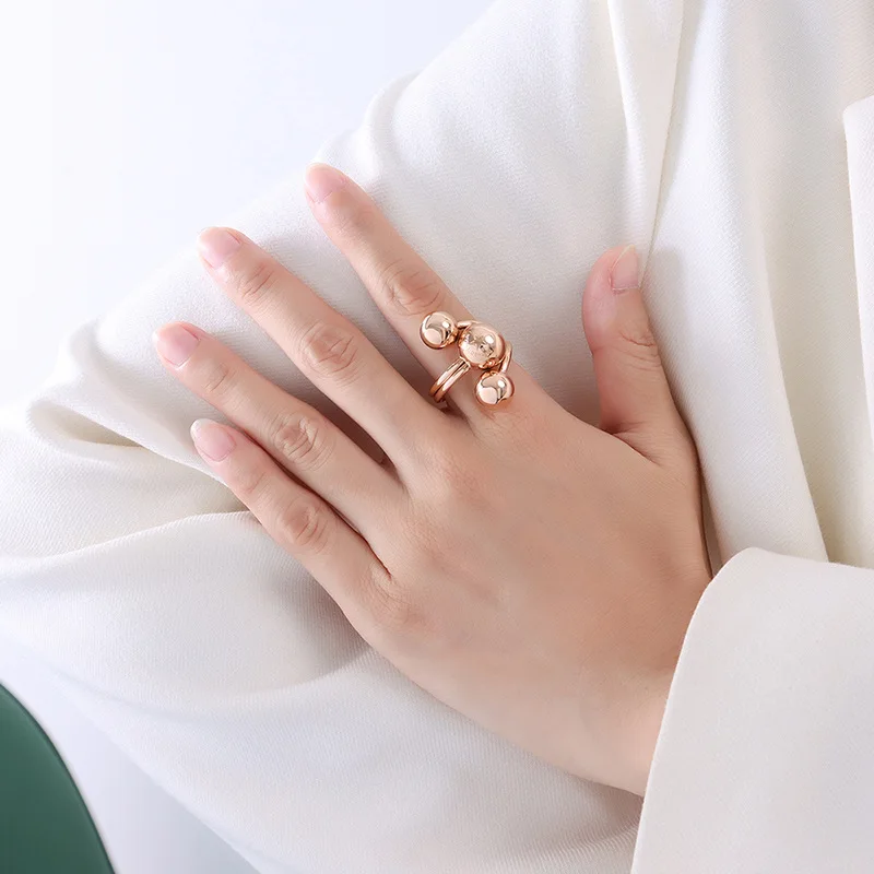 Wholesale Classic 18k PVD  Gold Plated Geometric Round Bead Spiral  Ring Chunky Stainless Steel Ball Twisted Barbell Spiral Ring