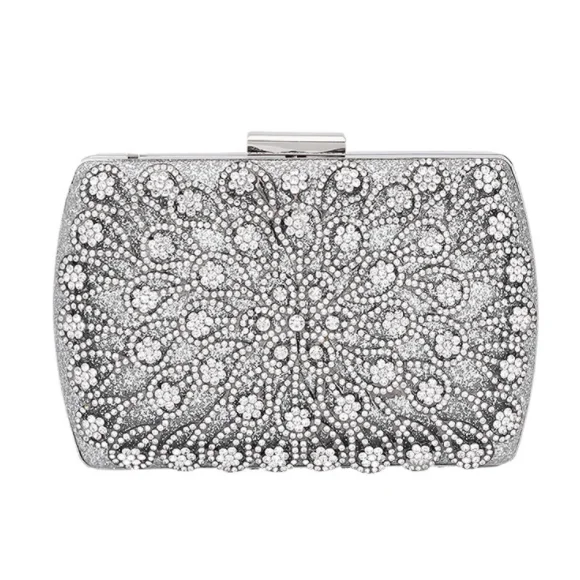 Wholesale evening clutch bags with crystal silver flower evening clutch women bags wedding shiny party bags