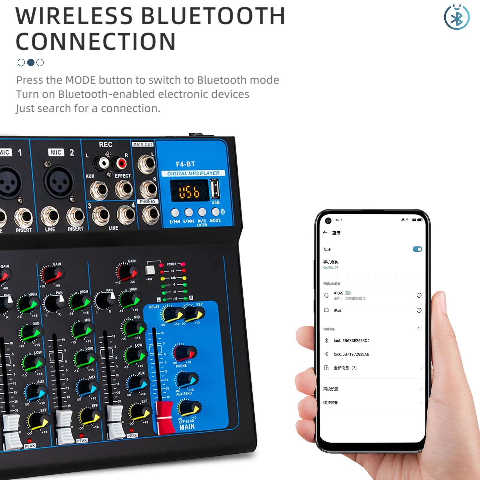 F4 4 Channel Bluetooth Mixing Console Desktop Soundboard Stereo, USB, Computer Recording, DJ Controller/Audio Console Mixer