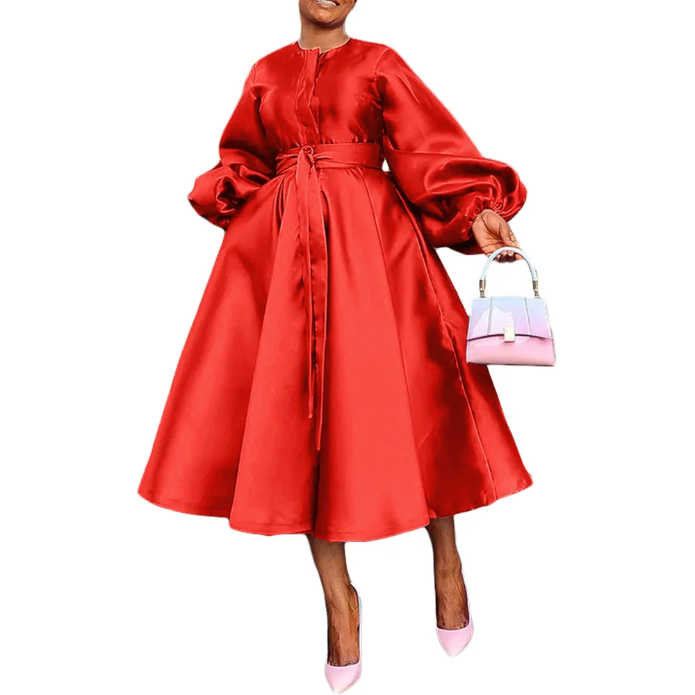 Women Satin Casual Fashion Lantern sleeve dress Belted Button A Line Long Dresses Flowy Maxi Dress