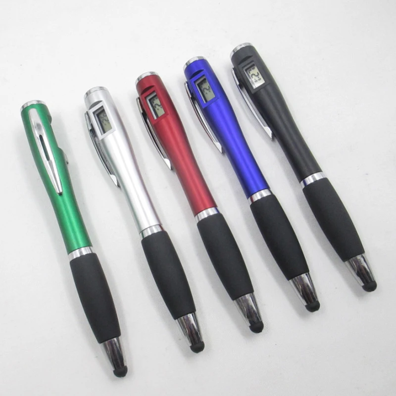 Creative design cheap plastic promotional ballpoint pen with watch, digital clock pen
