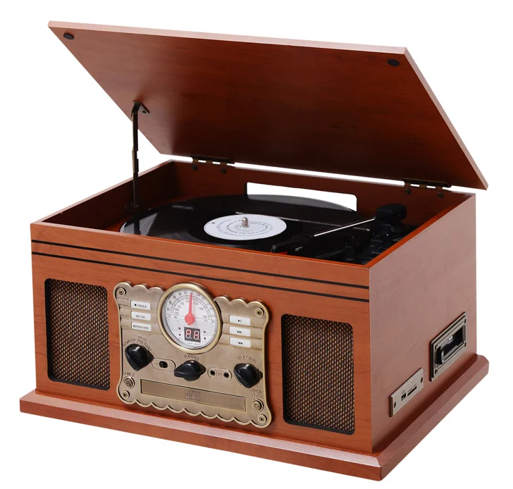 Multiple Function Wooden Stereo Vinyl Turntable Record Player With Speakers / USB/SD/CD Player/Radio/Cassette