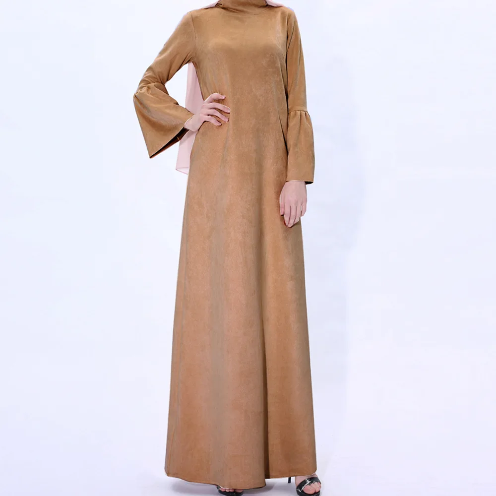 2024 New Design Autumn Winter Wear Plain Color Stand Collar Flare Sleeve Suede Turkish Abaya Modest Dress for Islamic