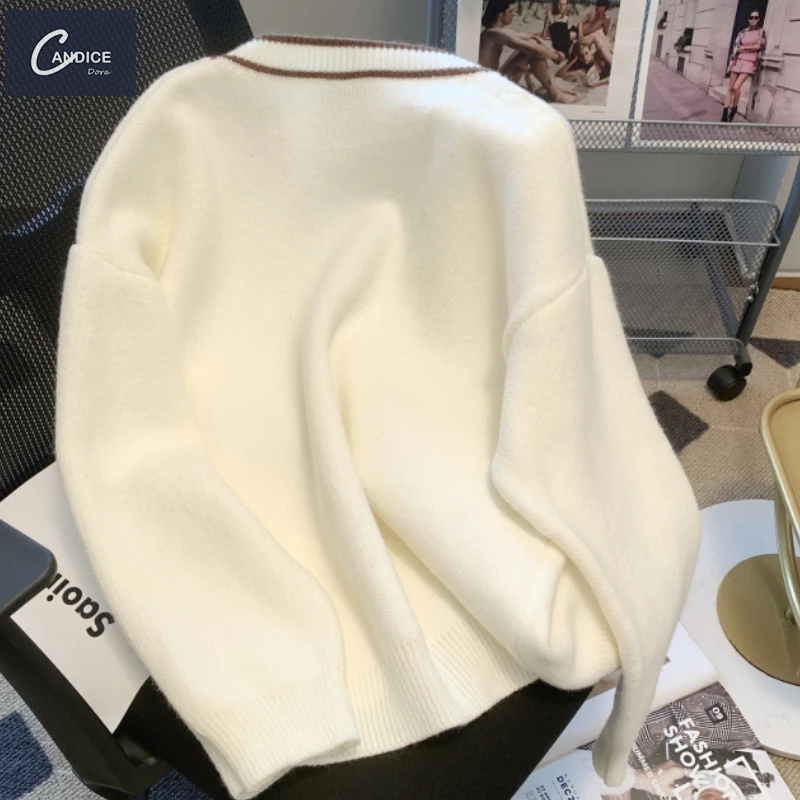 Candice 2023 fall Cardigan cartoon v neck jacquard embroidery cute knitted sweaters women