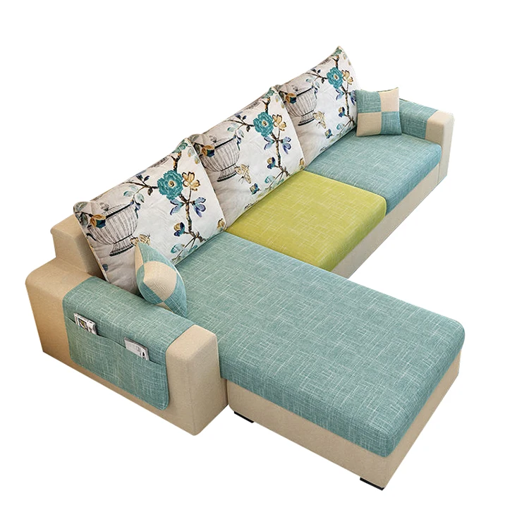 Угловой диван из ткани контрастных цветов с деревянной рамой