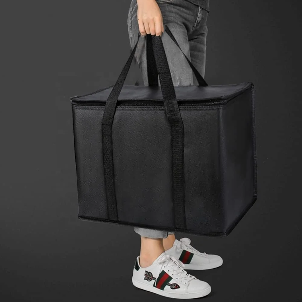 Hot Sale Aluminum Foil Waterproof Heavy Duty Additional Bottom Plate Black Big Insulated Food Delivery Bag With Sturdy Zipper