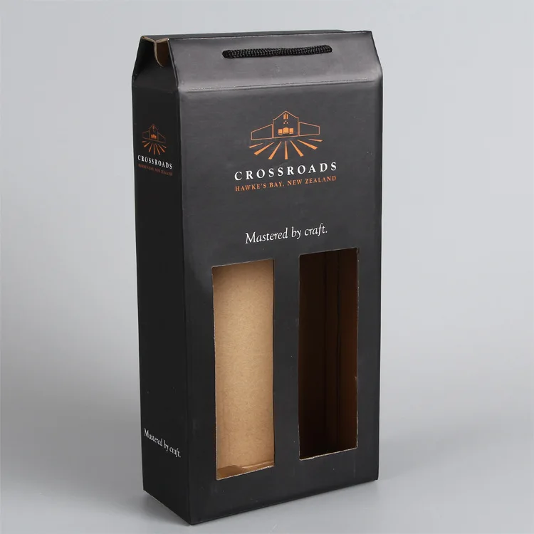 Two Bottles Holder Black Corrugated Paper Customized Wine Boxes Packing with Rope Handle