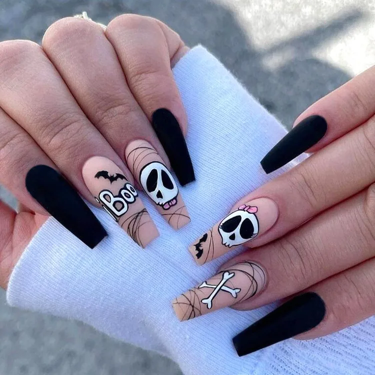 B60 Ghost Skeleton Pumpkin Designed Reusable Handmade False Nails long Custom Halloween Acrylic Press On Nails Artificial Nails