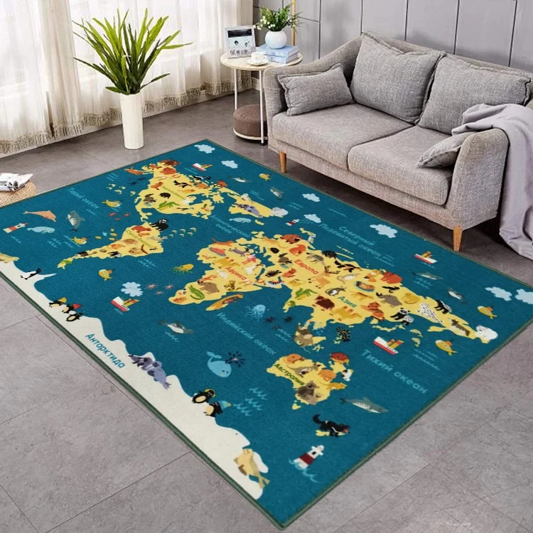 Colorful animals world map design kids children learning educational carpet mat
