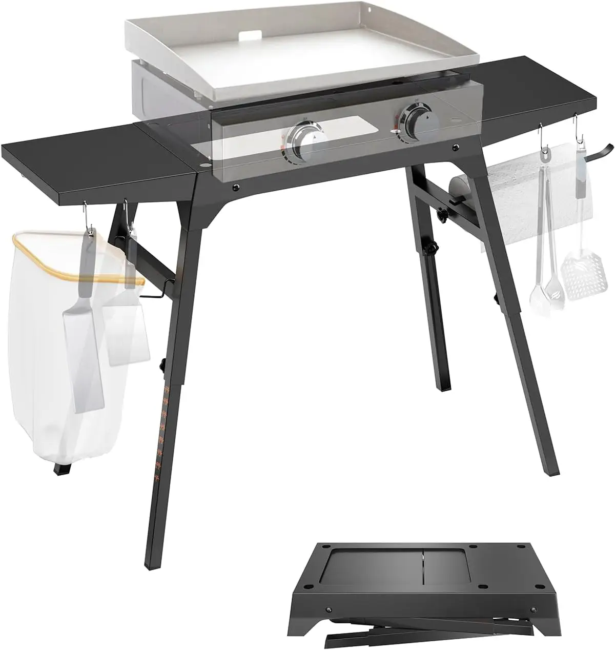 Griddle Stand for Black stone 17'/22' Griddle, Portable Stand with Tool Hooks, Paper Towel Holder Garbage Bag Holder