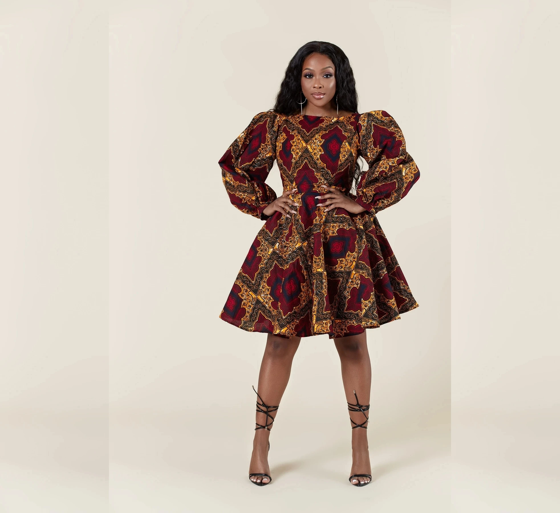 
Hot Sale Women Dashiki African Traditional Dress Sexy Open Back Puff Sleeve High Waist Party Mini Ankara Casual Dresses 