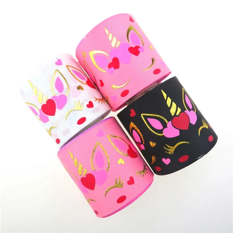 High Quality Custom Printed Logo Valentine Day 75mm Grosgrain Ribbon Roll Valentine festival Unicorn printed foil ribbon