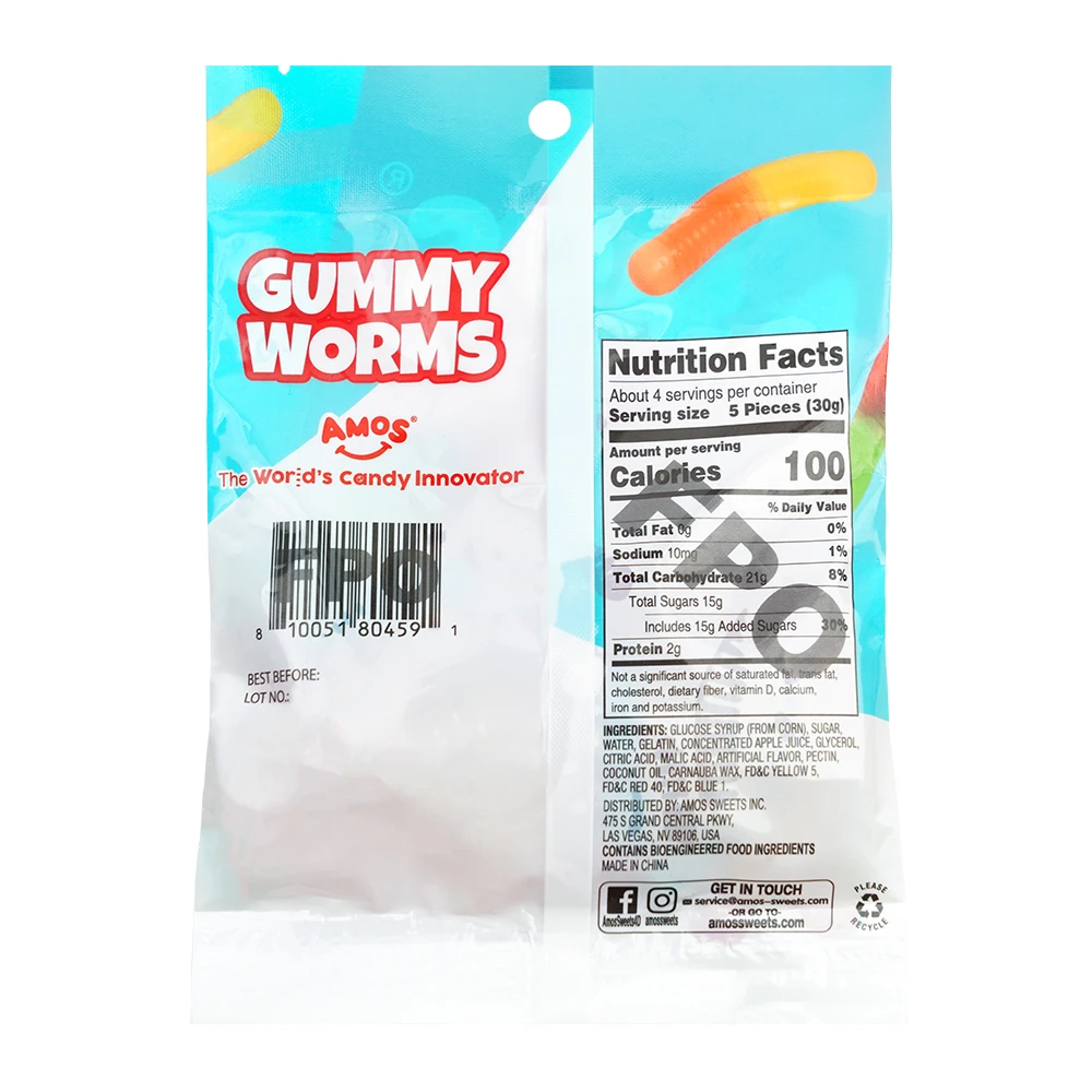 Amos Wholesale Custom Halal Sweet Jelly Fruity Worm Shape Candy Gummy