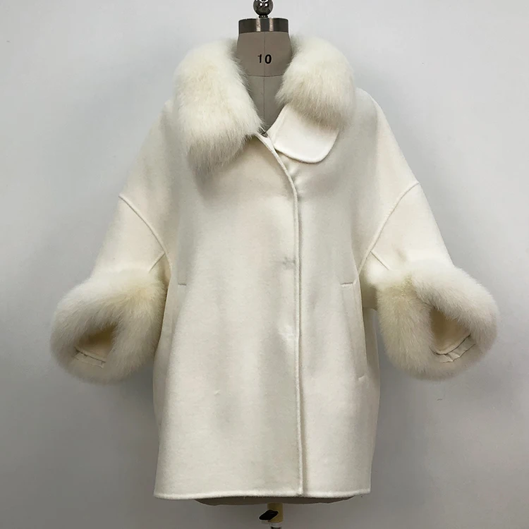 Women new fashion fox fur collar cloak short 100% genuine wool trench coat