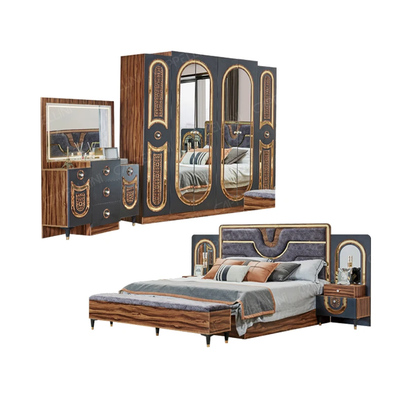 Turkish Royal Style Wood Frame Double King Size Bed Home Wooden Mdf Full Leather Modern Luxury Master Bedroom Furniture Set