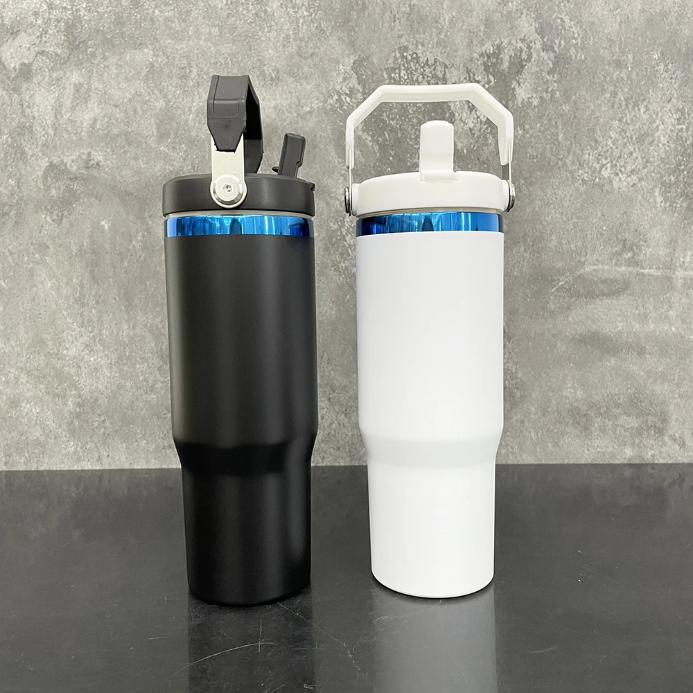 blue plating 30oz flip straw tumbler with Portable Handheld outdoor sports blue plated underneath 30oz stainless steel Tumbler