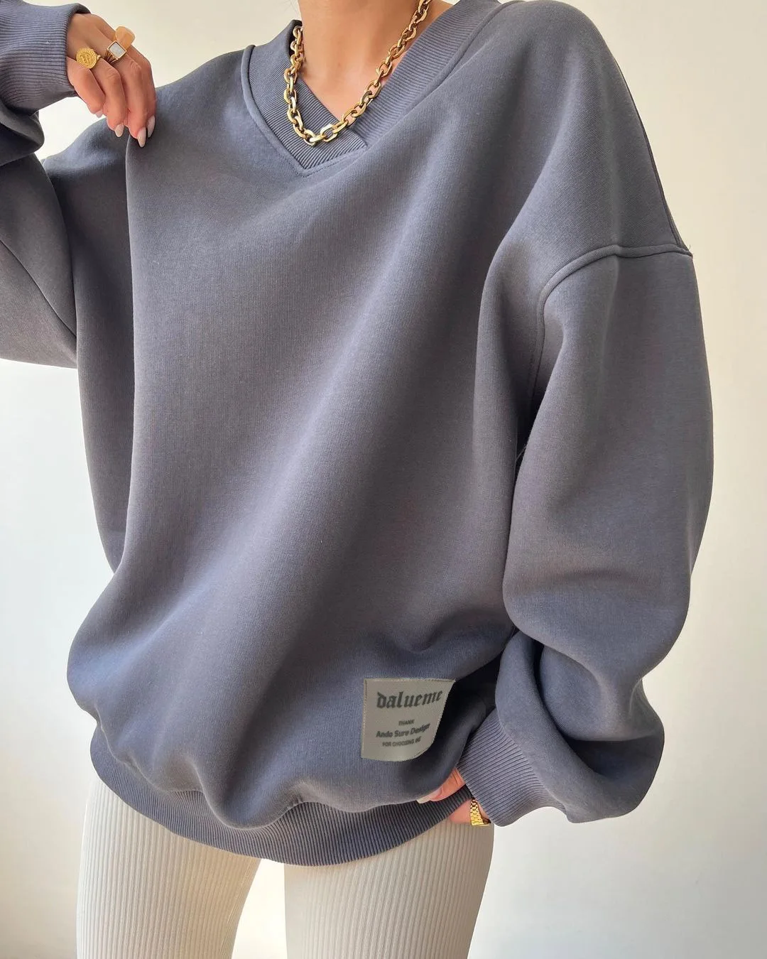 Sticker loose sweatshirt European and American autumn and winter new Amazon V-neck long-sleeved versatile sweatshirt for women