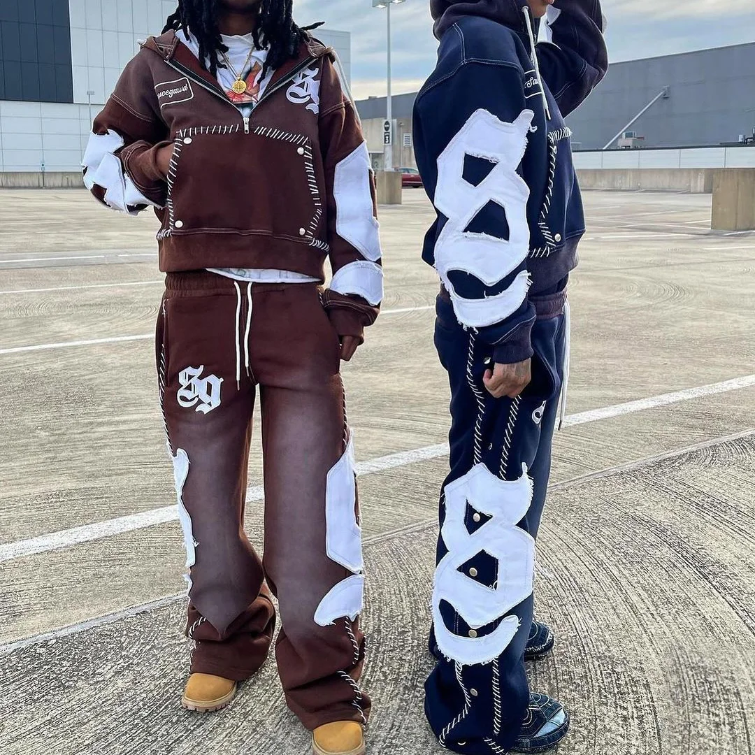 Heavyweight Vintage Flared Sweatpants Streetwear Jogging Distressed Embroidery Acid Wash Zip Up Hoodie And Jogger Set Tracksuit