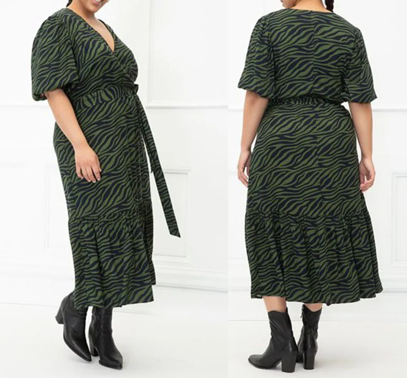 Элегантное Очаровательное платье с запахом, расклешенная юбка с принтом и оборками, женское платье большого размера