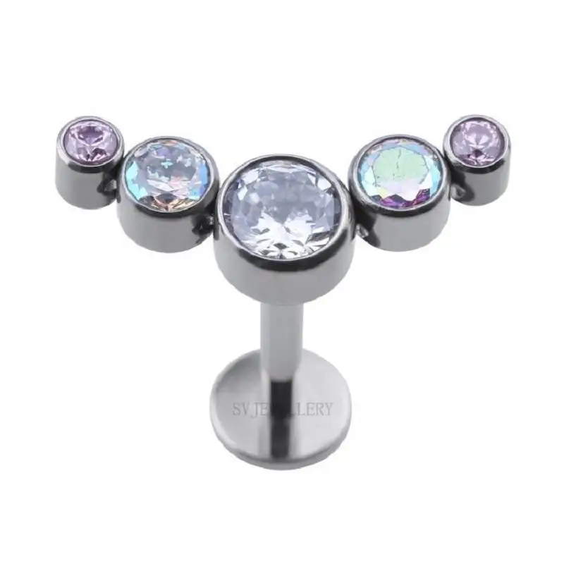 Bezel Setting 5 Cz Design Push Pin Labret Lip Studs Earrings Tragus Body F136 Titanium Piercing Party Ear Piercings For Women