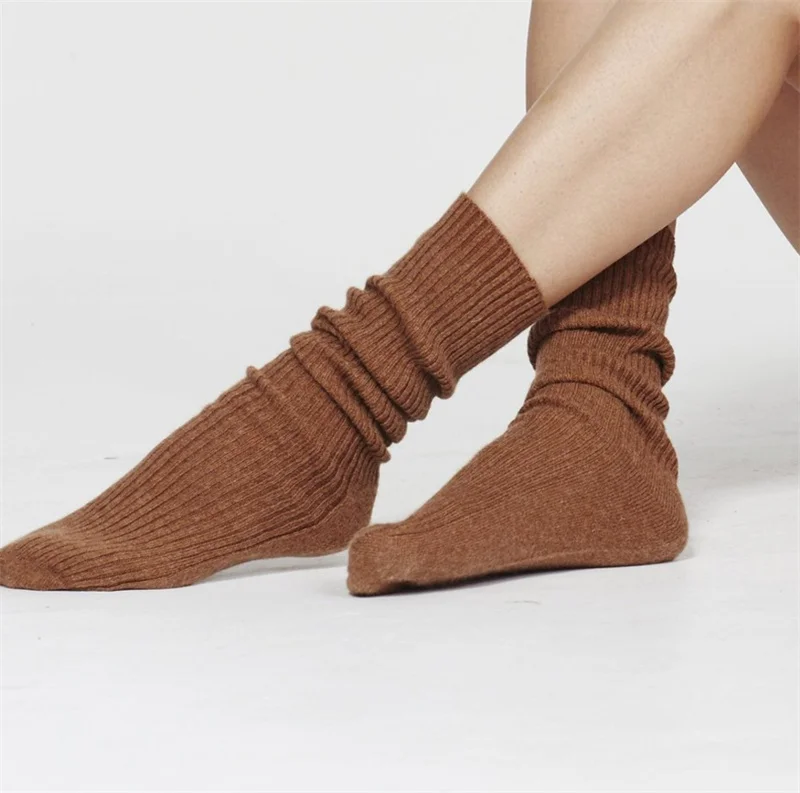 Rib Knit low MOQ pure flat knitted cashmere socks mongolian cachemire 100% bed socks for women