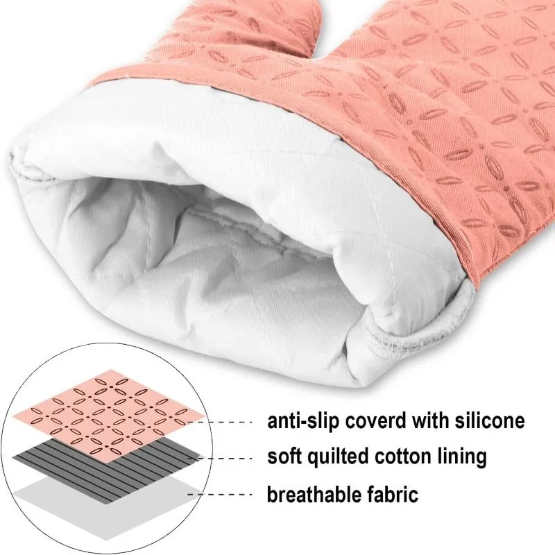 Cotton Lined Padded Mittens Non-Slip Silicone Heat Mats Customized Baking Mitts for Kitchen Gray Silicone Oven Mitts