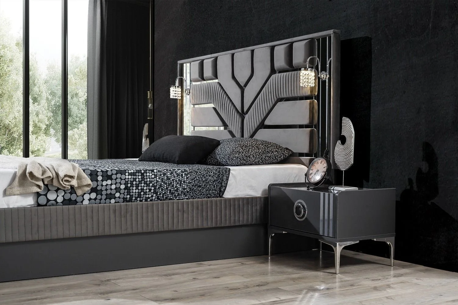 Berlin luxury bedroom set king size bed lighted headboard mirrored dresser Turkish home furniture affordable prices