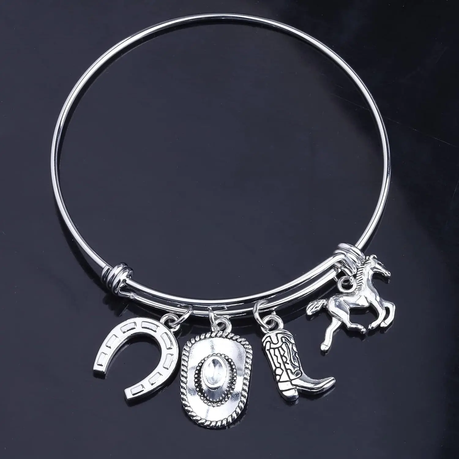 Manufacturer Stainless Steel Horseshoe Charm Stacking Expandable Wire Bracelet Cowboy Boots Hat Horse Pendant Adjustable Bangle
