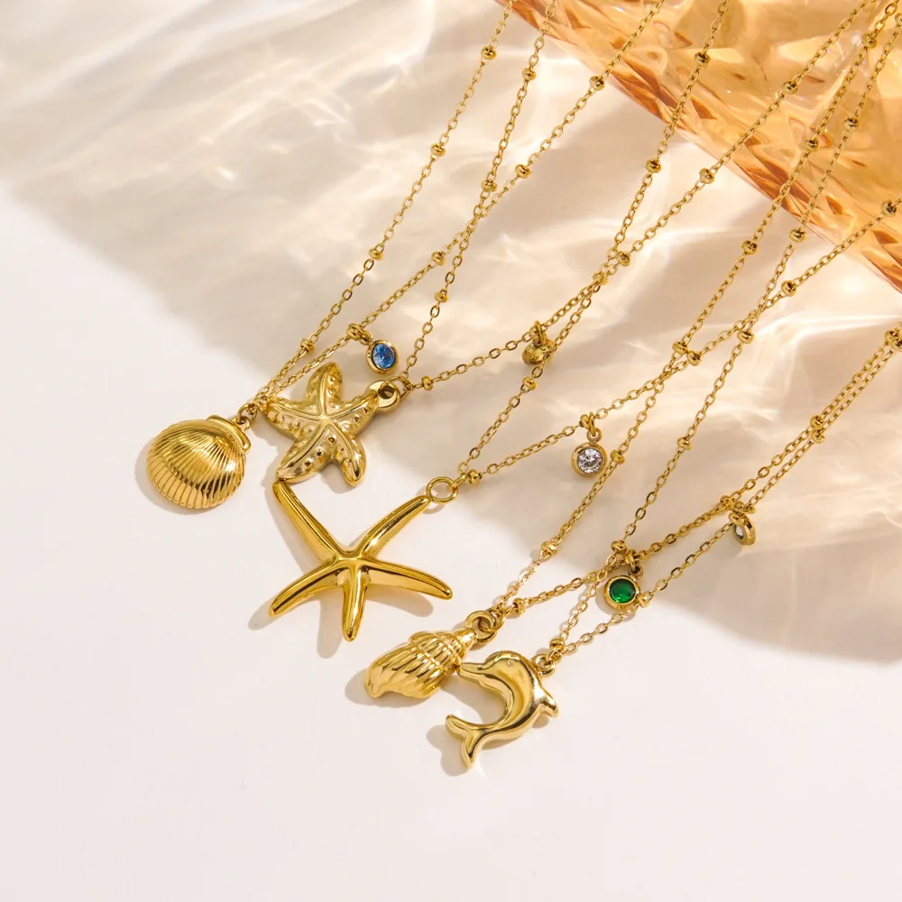 Ocean Beach Jewelry Waterproof Non Tarnish Stainless Steel Scallop Shell Dolphin 14k Gold Fashion Women Starfish Necklace