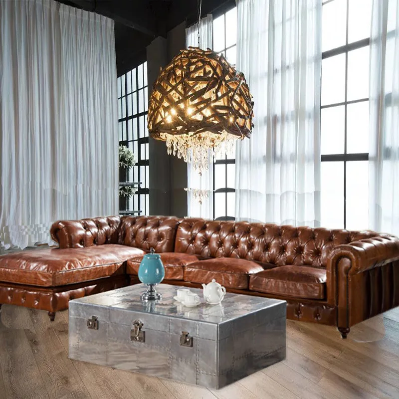 American first layer cowhide sofa set large villa furniture three people american country retro buckle sofa