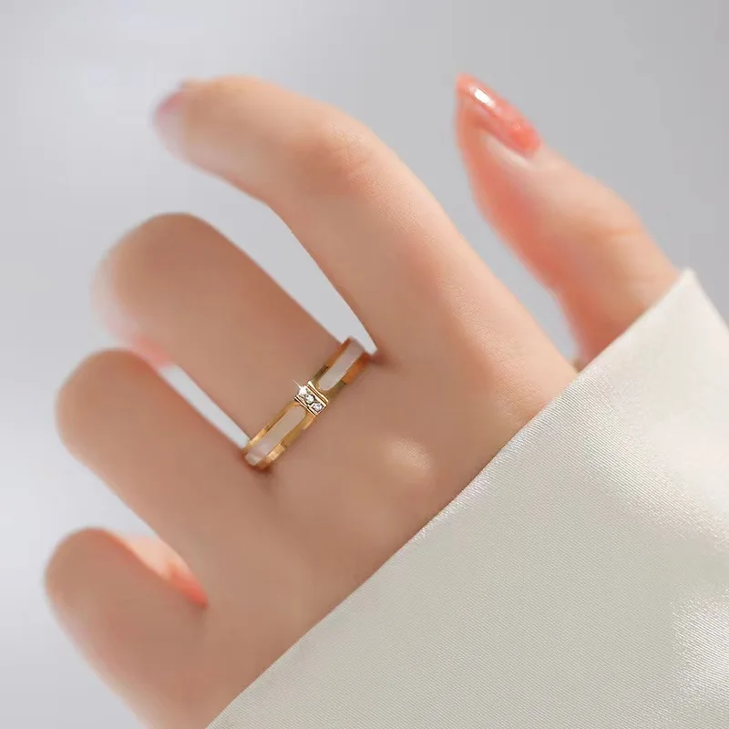Stainless Steel Full Diamond Open Ring White Mother-Of-Pearl H Letter Double Butterfly Four-Leaf Flower Step-By-Step Bamboo Ring