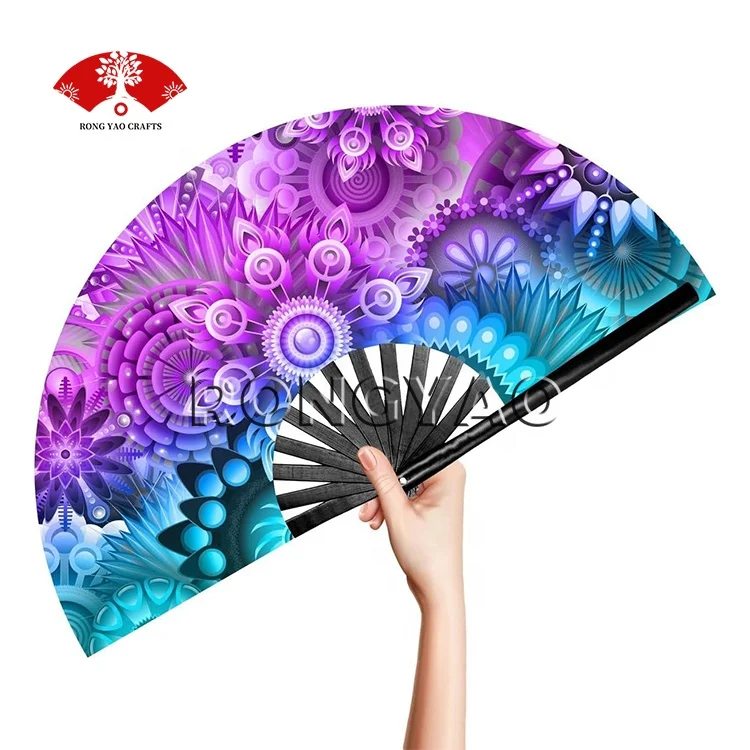 UV Glow Folding Hand Clack Rave Hand Fans Custom 13Inch Large Bamboo Fan For Music Festivals