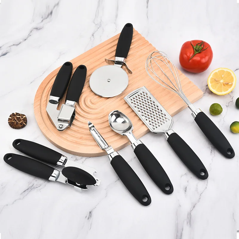 Hot Selling 7 Pc Kitchen Gadget Set Stainless Steel Utensils With Soft Touch Black Handles