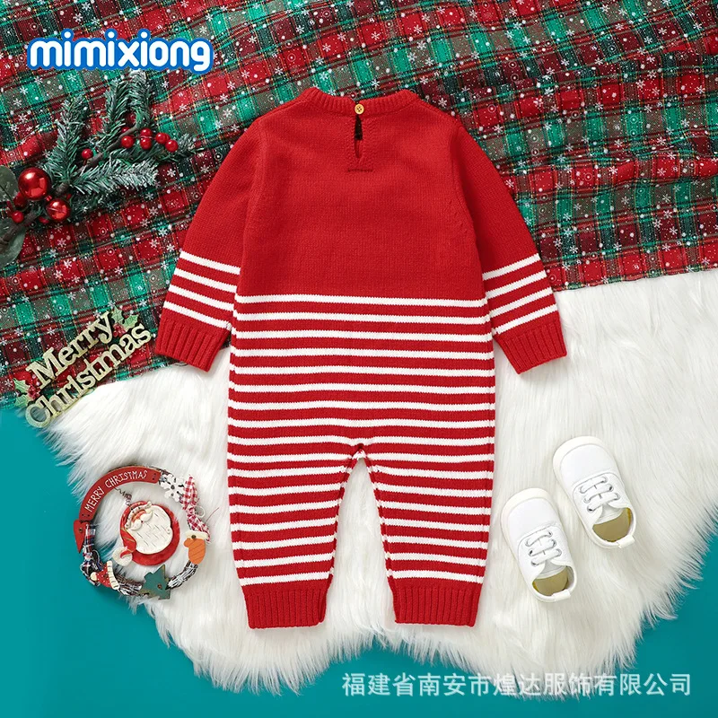 0-1 Year Old Fall/Winter New Baby Knitted Striped Christmas Moose Jacquard Sweater Newborn Onesie