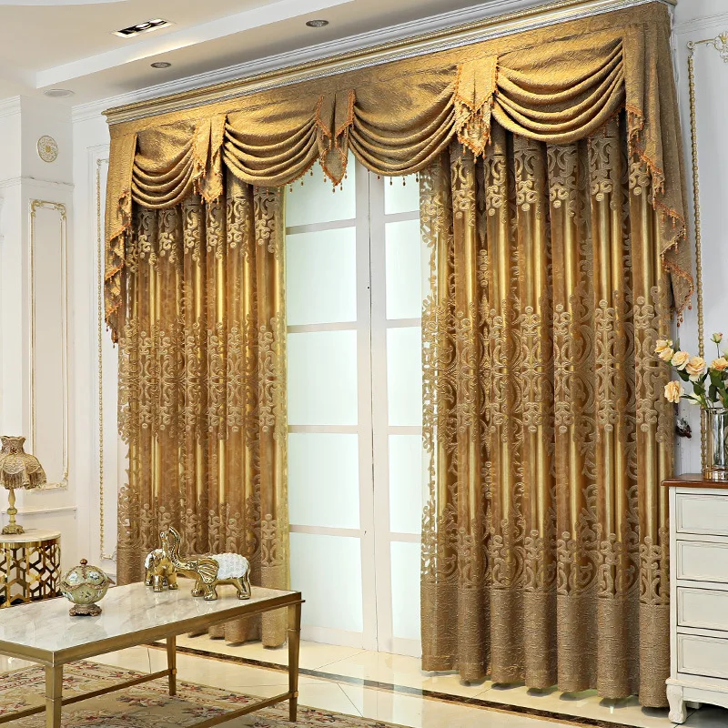 European classic lace jacquard warp knitted 100% blackout curtain living room bedroom luxury golden window gauze curtains