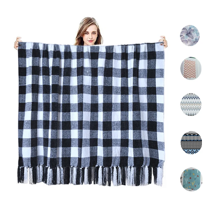 Винтажное черно-белое прямое вафельное плетеное полиэстеровое жаккардовое одеяло с бахромой