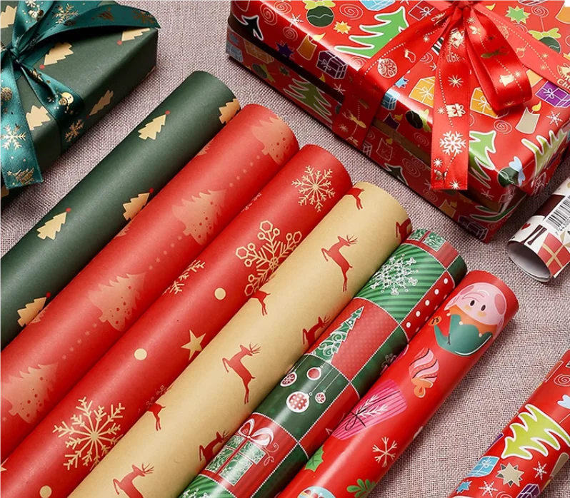 Christmas wrapping paper high-end feeling red large-sized handmade  materials cute  colored thickened packaging paper