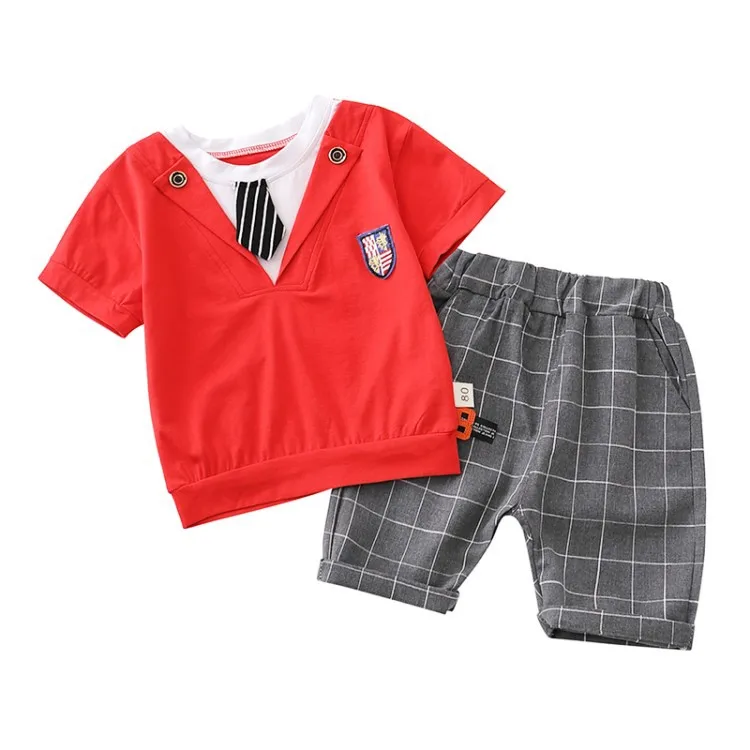 
New Design Kids Clothing Tie Short Sleeve T-shirt Plaid Shorts Boys 2Pcs Suits for boys 