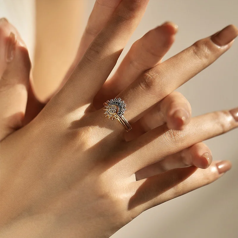 Custom couple sun and moon ring Zircon stacked Ring women 925 sterling silver