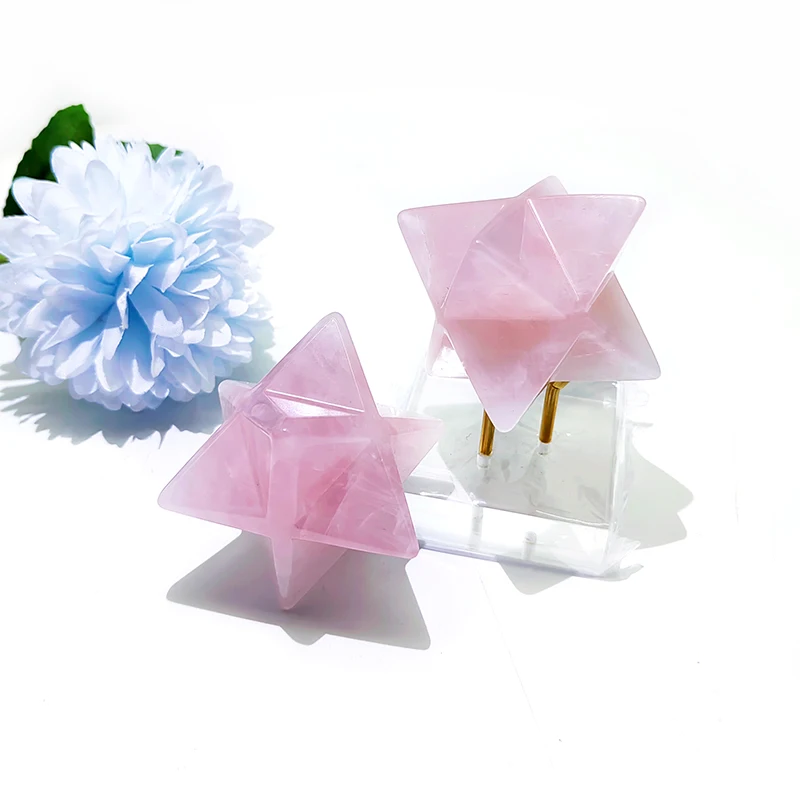 Crystal Rose Quartz Merkaba Stars Wholesale Natural High Quality 8 Point Hand Carved Merkaba Star for Gift 40mm Souvenir Love Qs