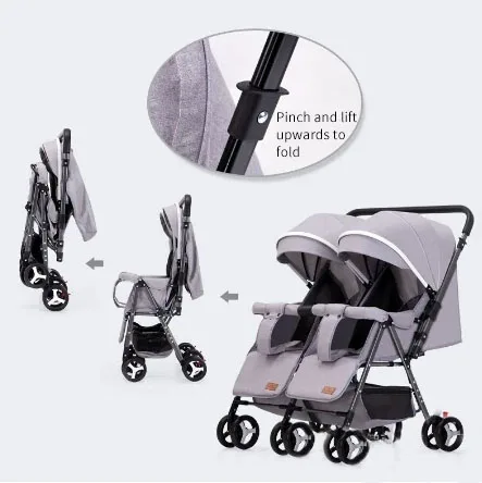 JXB New Design Antique Can Sit And Lie Down Four Wheel Suspension Easy Fold Twin Baby Stroller For Two Kids